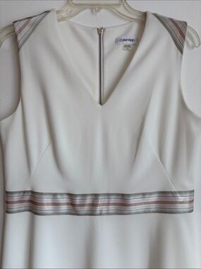 Calvin Klein Off White Midi Dress with Pink-Striped Waist & Shoulders Size 8
